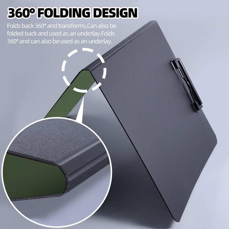 FRETONBA Clipboard Folder, A4 Foldable Clipboard with Horizontal and Vertical Double Metal Clips, 360 Degree Foldable Binder Clipboards with Pen Holder, File Cover Work Folder Clipboards, Green - Image 4